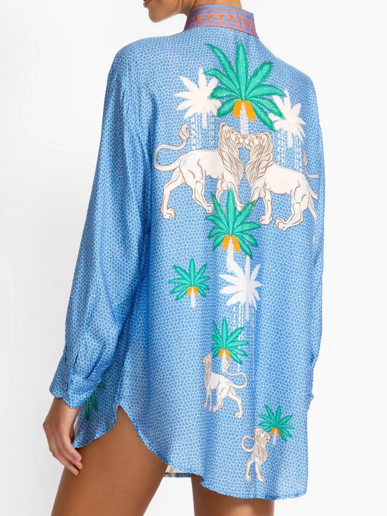 Freja™ | Blått set med tropiskt palm- och lejonmönster