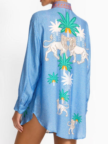 Freja™ | Blått set med tropiskt palm- och lejonmönster